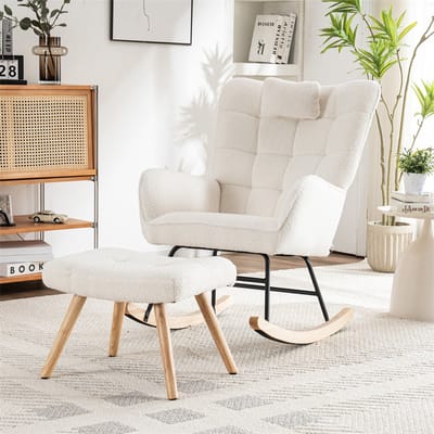 YEHTOKHOME Schommelstoel met hoofdkussen en voetenbank - Relaxstoel babykamer - Fauteuil - Loungestoel - rubberhout onderstel - hoge rugleuning - teddy stof - Ergonomisch - Wit