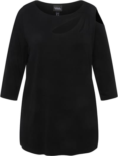 Ulla Popken - Dames - Shirt cut-outs A-lijn boothals 3/4-mouw - Zwart - Maat 46+