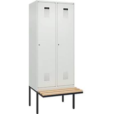 Kleiderspind C+P Evolo Plus, 2 Abteile à 400 mm Breite, schwebende Sitzbank, B 800 x T 815 x H 2120 mm, Zylinder, lichtgrau/lichtgrau