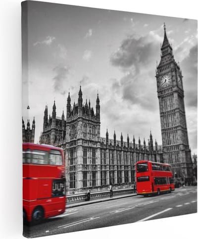 Artaza Canvas Schilderij Big Ben - 30x30 cm - Klein - Wanddecoratie Londen Skyline - Muurdecoratie Dubbeldekker Bus - Kamer Accessoires