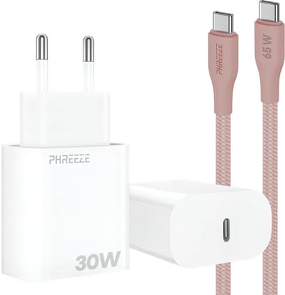 Power Delivery oplader met 30w usb C poort met usb C kabel 1m roze