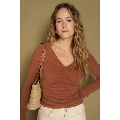 Lofty Manner camel dames top   V-hals   Regular fit   Geen zakken   Lange mouw Camel XS