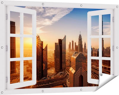 Gards Tuinposter Doorkijk Dubai Stad bij Zonsopgang - 120x80 cm - Tuindoek - Tuindecoratie - Wanddecoratie buiten - Tuinschilderij