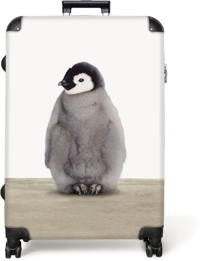 NoBoringSuitcases.com® - Koffer groot - Reiskoffer lichtgewicht - Pinguïn - Vacht - Grijs - Kinderen - Rolkoffer met 4 wielen - Grote trolley XL - 98 liter bagage