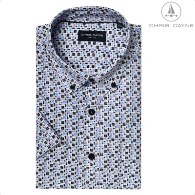 Chris Cayne heren overhemd - korte mouw - M - borstzak - lila/blauw - geprint dessin - 100 % Katoen - borstzak