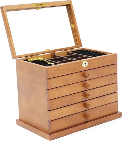 Sieradenkist - Opbergdoos Hout - Sieraden Organiseren - 5 Lades Met Spiegel - 29.5 cm Breed - Bruin
