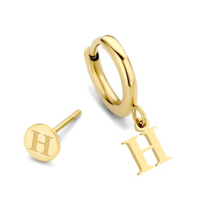CO88 Collection Alphabet 8CE-70364 Stalen oorknop en oorring - letter H - 6 mm and 12mm - Initiaal sieraad - Goudkleurig