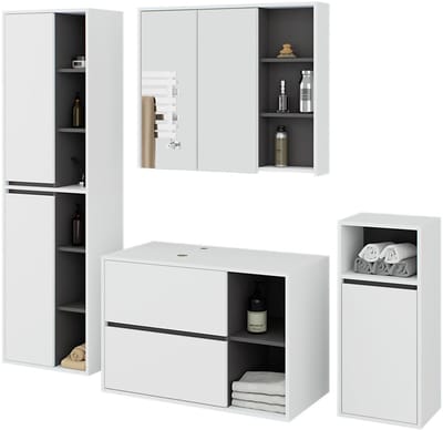 Badkamermeubelset VAMI 4-delige met twee Gaten voor Opzetwastafel / hangende Badkamerkasten / 21 Planken en 2 Lades / Wit - Grafietgrijs / AKORD Furniture Factory