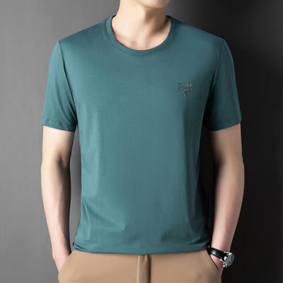 Été Nouveau Style T-shirt Homme en Soie de Mûrier Âge Moyen Col Rond Brodé Décontracté Fin Manches Courtes Homme 58 vert