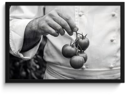 Poster in lijst - Fotolijst 60x40 cm - Posters - Tomaten - Chef - Zwart - Wit - Posterlijst zwart - Decoratie - Wanddecoratie woonkamer - Muurdecoratie slaapkamer