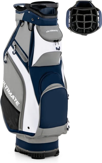 COSTWAY Golftas, Lichtgewicht en Draagbare Golfkar Tas met 14 Manieren Volledige-Lengte Top Verdelers, 7 Zakken met Ritssluiting, Regenkap, Schouderriem, PVC Handvat, Paraplu Houder (Navy + Grijs)