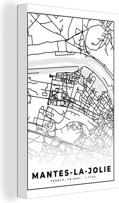 Canvas Schilderij Frankrijk - Plattegrond - Stadskaart - Kaart - Mantes-la-Jolie - Zwart wit - 20x30 cm - Wanddecoratie