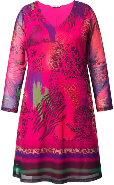 MIAMODA - Dames - Mesh jurk A-lijn mesh dierprint jersey onderjurk - Neon bes - Maat 46