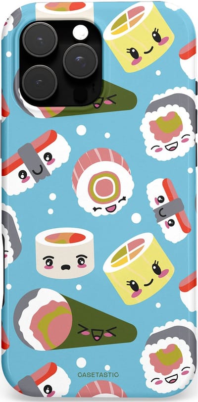 Casetastic hoesje geschikt voor Apple iPhone 16 Pro Max - MagSafe - Dubbellaagse bescherming - Sushi mania - Fashion Case - Lichtblauw Grijs Wit