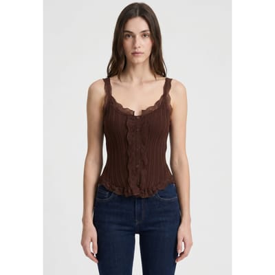 Aangesloten mouwloze kanten geribde blouse met knopen