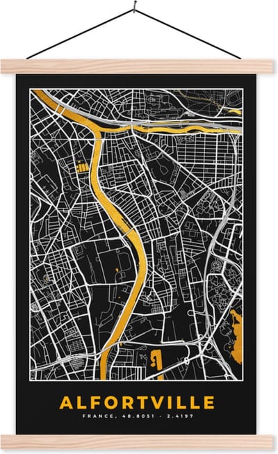 Posterhanger incl. Poster 40x60 cm - Schoolplaat - Plattegrond - Alfortville - Kaart - Frankrijk - Stadskaart - Textielposter - Blanke latten - Stadskaart