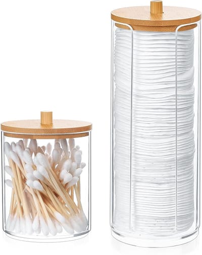 SnelShoppen - Cotton Swab Holder Set van 2 - Cosmetische Organizer met Bamboo Deksel - Duurzame PS en Houten Opbergdoos voor Wattenpads en Make-up in