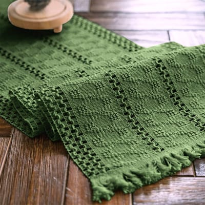 Tafelloper - Macramé katoen-linnen netstof - Groen 30x180cm