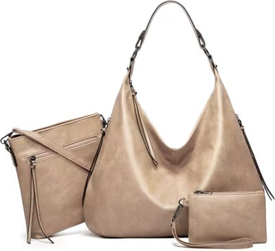 Dames Tassen Set 3-delig – Grote Schoudertas, Crossbody Tas & Portemonnee – Grijs/Crème – URBAN U
