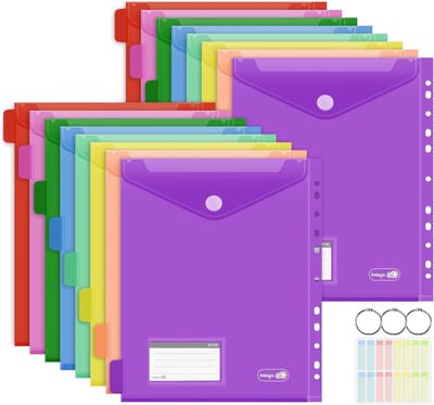 A4 Documentenmap met Index - 16-delige Set met Kleurrijke Documenthoezen, 11-Gats Rand, Labelzak en Verzamelfolder voor School, Thuis en Kantoor