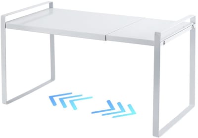 Verstelbare voorraadkast organisatoren plank uitbreidbaar 13,78 tot 25,6 inch zware legering vrijstaande organizer voor onder de gootsteen aanrecht thuis opslag, wit