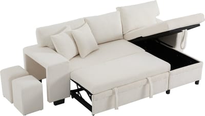 REDOM - Hoekslaapbank - Met Opbergruimte En USB-C-Laadpunten - Modern - Voor Woonkamer - Ribstof - Beige - 231 x 131,5 x 84 cm