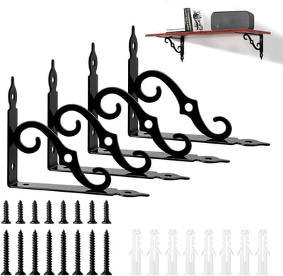 Set van 4 Zwarte Metalen Planksteunen 14 cm - Vintage Antieke S-vormige Steunen voor Wandmontage en Zware Lasten