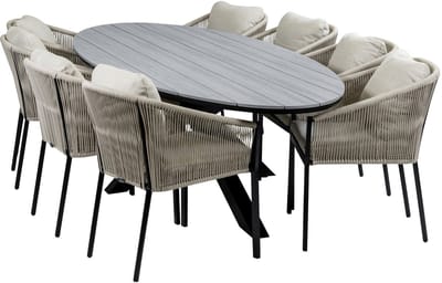 9-Delige tuinset | 8 Elvira tuinstoelen (Black) | 280cm ovale tuintafel Cyprus (Grey)