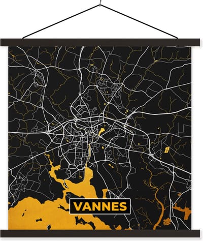 Posterhanger incl. Poster 60x60 cm - Schoolplaat - Frankrijk – Plattegrond – Kaart – Vannes – Stadskaart - Textielposter - Zwarte latten - Stadskaart