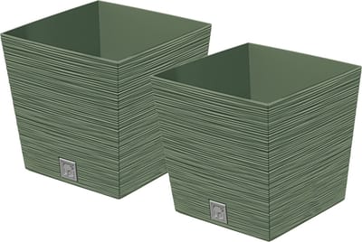 Prosperplast Plantenpot/bloempot Furu Stripes - 2x - voor buiten - kunststof - bosgroen - vierkant - D24 x H23.5 cm