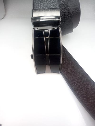 RR20-59zw.110 Dubbelzijdige Lederen Riem, bruin & zwart, zwart draaibare buckle 59, L110cm BR34mm