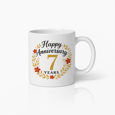 Gelukkige 7 Jaar Jubileum Mok 330ml – Stijlvolle Bloemendecoratie Perfect Cadeau voor Speciale Vieringen