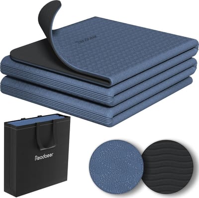 SnelShoppen - Opvouwbare yogamat voor onderweg, antislip TPE oefenmat 6 mm dik, tweekleurige pilatesmat met draagtas, 183 cm l x 61 cm b voor yoga en