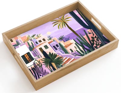 Dienblad hout 40x30 cm - Schootdienblad - Huizen - Minimalistisch - Palmbomen - Kust - Borrelplank rechthoek - Plateau dienbladen