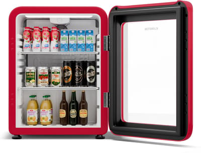 Klarstein Drankkoeler Audrey Evo Drankenkoelkast met glazen deur - 65 liter, retro design, ledverlichting, dubbelwandige deur, 0-10 °C, energieklasse C, verstelbare pootjes, rood - Drankkoelkast - voor Bar - glas Thermostaat Compact
