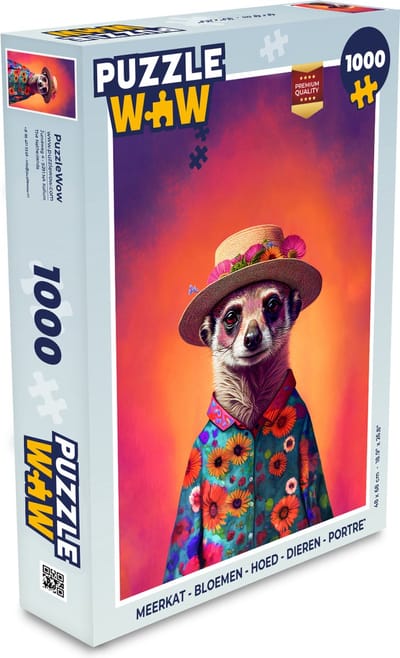 Puzzel Meerkat - Bloemen - Hoed - Dieren - Portret - Stokstaartje - Legpuzzel - Puzzel 1000 stukjes volwassenen