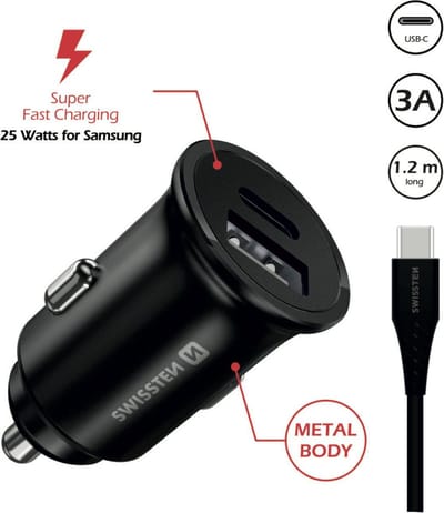 Swissten - Super Fast Car Charger (2 Ports - USB + USB-C Port ) met USB-C Kabel (1.2m) 35W - (Zwart)