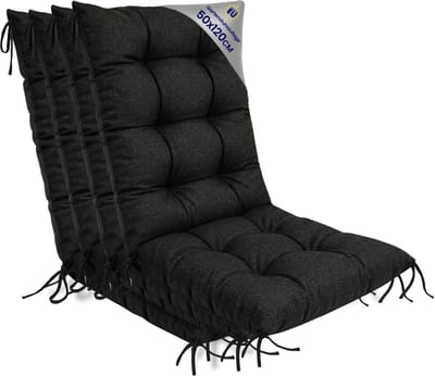 Tuinstoelkussens Hoge Rug Set: 4x 50x120 cm - Kussens voor Tuinstoelen & Standenstoel Terrasstoel Grafiet Eco linnen Stoelkussens Tuin Zitkussen Extra Dik 10 cm met Bindlinten