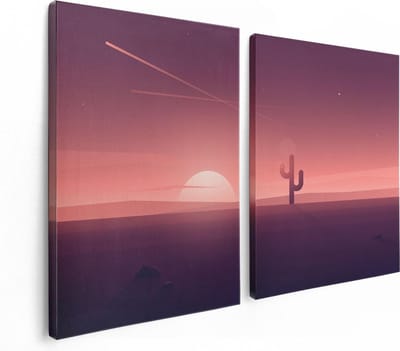 Artaza Canvas Schilderij Tweeluik Zonsondergang In De Woestijn Met Een Cactus - 120x80 - Foto Op Canvas - Canvas Print