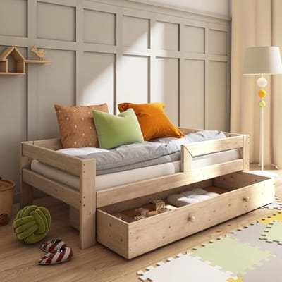 Kinderbed met Lade en Valbeveiliging in Massief Hout 80x160 cm