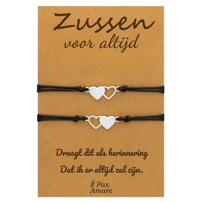 Vriendschapsarmbandjes voor 2 "Zussen voor altijd" - Hartjes - Sisters Armbandjes met Cadeau Kaartje - Zilverkleurig - Elastisch Verstelbaar - Pax Amare