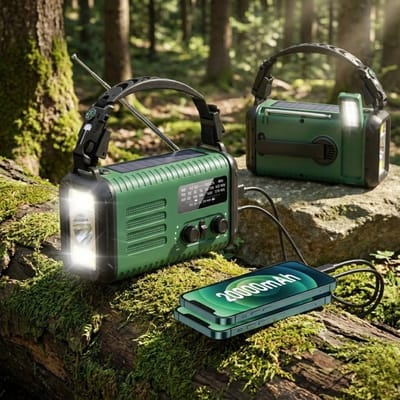 Niba® Noodradio Groen 20000mah - Solar Opwindbaar - Multifunctioneel - 2025 Model - Noodpakket - Inclusief Mes, Kompas, Fluitje, Leeslamp, Zaklamp, SOS Lamp, USB-C en USB-A