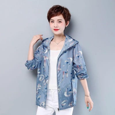 Ijszijde Zonbeschermingskleding Anti-UV Bedrukt Jasje met Capuchon Dun Plus Size Zonbeschermingskleding Rits Cardigan Jas Lange Mouw Top XL blauw