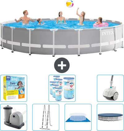 Intex Rond Prism Frame Zwembad - 610 x 132 cm - Grijs - Inclusief Pomp - Ladder - Grondzeil - Afdekzeil Onderhoudspakket - Filters - Stofzuiger