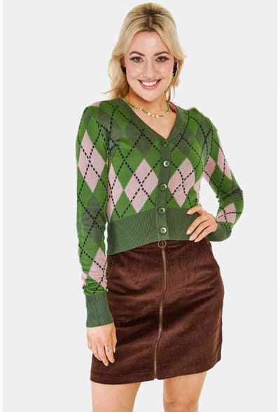 Voodoo Vixen - Argyle V Neck Cardigan - XXL - Groen