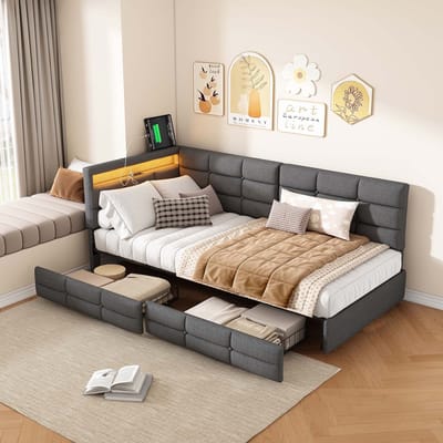 L-vormig gestoffeerd bedframe, 140x190cm, slaapbankframe met USB-oplaadpoort en LED-verlichting, eenpersoonsbed voor kinderen met ladeopbergruimte, linnen stof, grijs