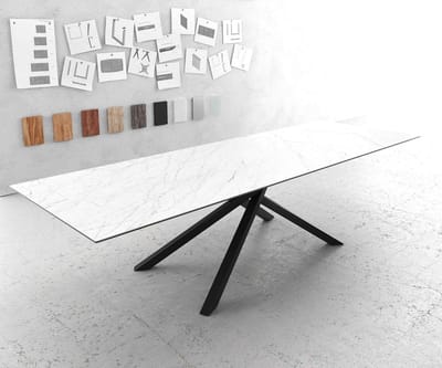 Eettafel Edge Laminam® keramiek wit 300x100cm middenvoet kruis zwart