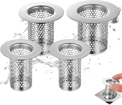 Filter voor Badkamer en Douche, Haarvanger voor Afvoer, RVS Afvoerfilter voor Keuken en Badkamer, 4 Stuks, Diverse Maten, Eenvoudig te Reinigen en Te Gebruiken