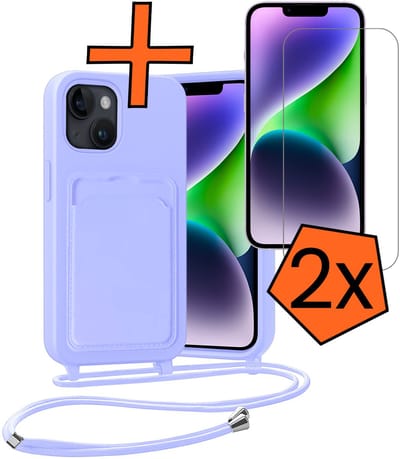 Hoesje Geschikt voor iPhone 13 Hoesje Met Telefoonketting Pasjeshouder Case Met 2x Screenprotector Koord - Hoesje Geschikt voor iPhone 13 Hoes Met Kaarthouder - Lila