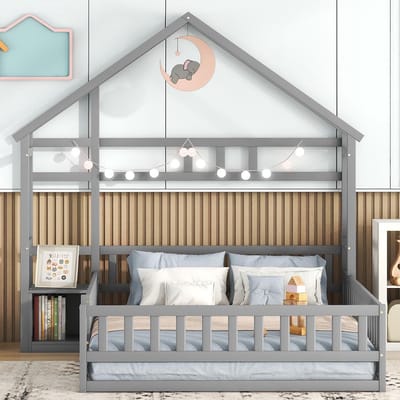 DESMIU Kinderbed 140x200 cm – Huisbed Met Veiligheidshekje En Nachtkastje – Laag Instapmodel – Zonder Matras – Massief Grenenhout – Grijs